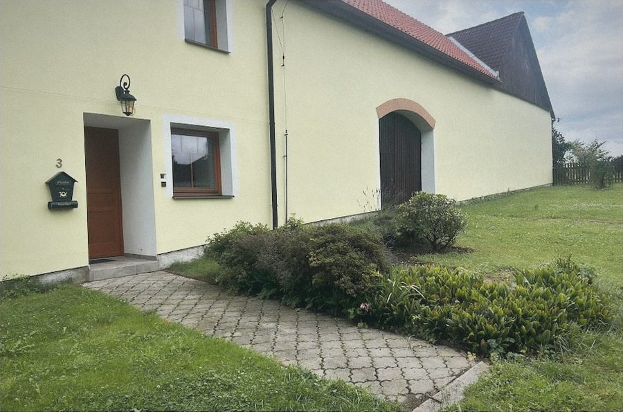Dřevěné dveře s lampou, dlážděný chodník a keře